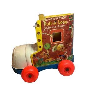 Vintage Fisher Price Pull-A-Long Lacing Shoe Toy 1970s Kids Toy with Red Wheels